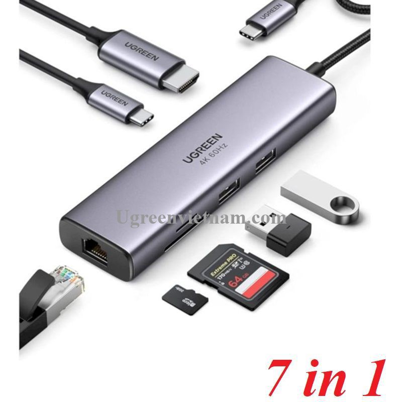 Bộ chuyển USB Type C 7 trong 1 Ugreen 60515, hỗ trợ HDMI 4K@60Hz + USB + LAN Gigabit + SD/