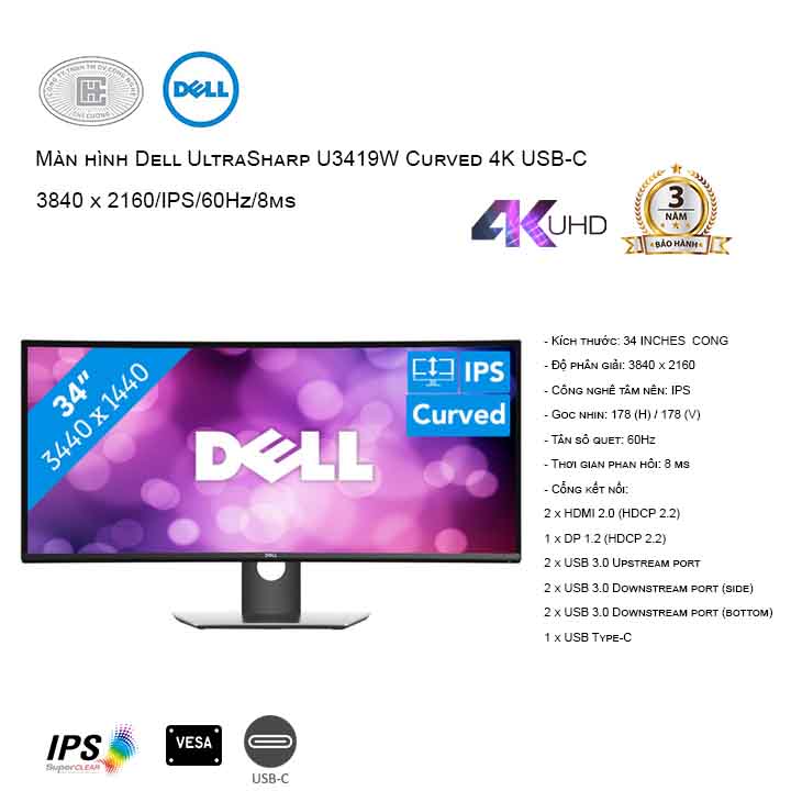 Màn hình Dell UltraSharp U3419W  cong USB-C