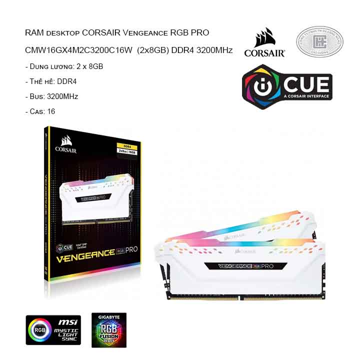 RAM desktop CORSAIR Vengeance RGB Pro CMW16GX4M2C3200C16W (2x8GB) DDR4 3200MHz - White Edition