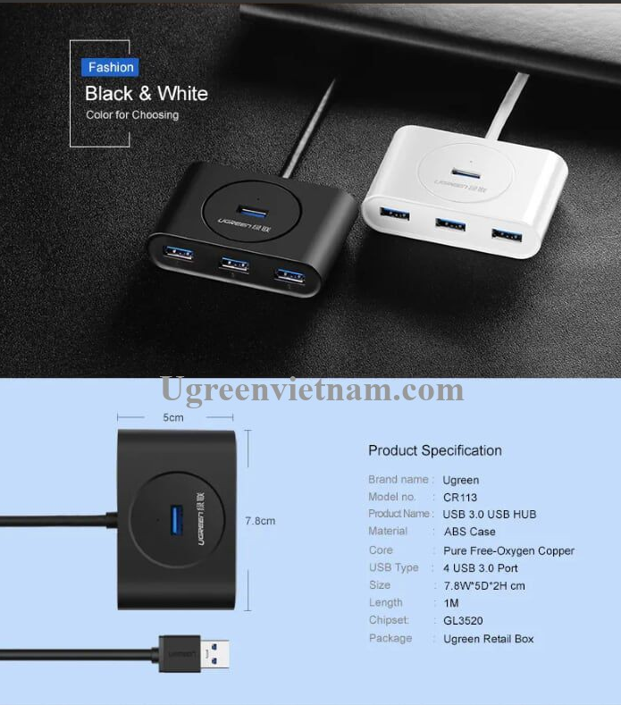Hub USB 3.0 ra 4 cổng dài 80cm chính hãng Ugreen 20283 cao cấp
