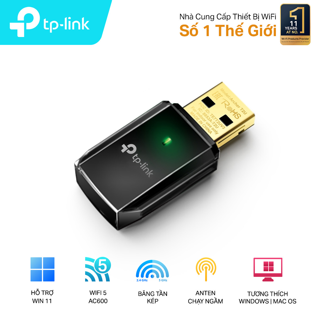 Cạc mạng không dây TP-Link USB Archer T2U (Chuẩn AC/ AC600Mbps/ Ăng-ten ngầm)