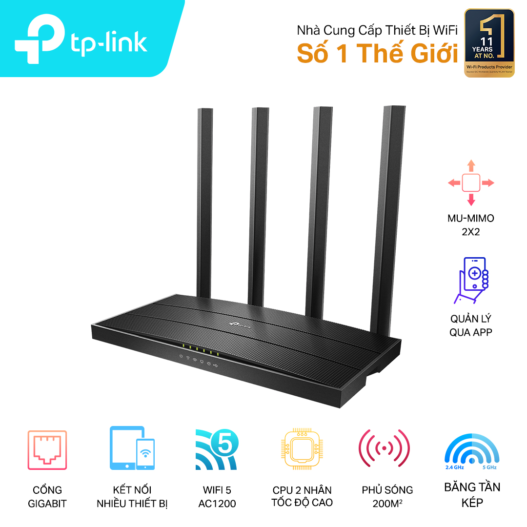 Bộ phát wifi TP-Link Archer C6 MU-MIMO (Chuẩn AC/ AC1200Mbps/ 4 Ăng-ten ngoài/ Wifi Mesh/ 25 User)
