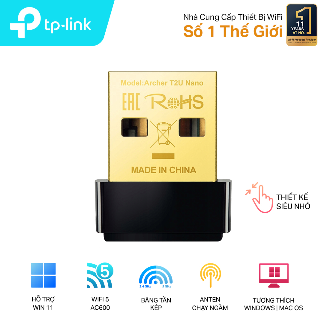 Cạc mạng không dây TP-Link USB Archer T2U Nano (Chuẩn AC/ AC600Mbps/ Ăng-ten ngầm)