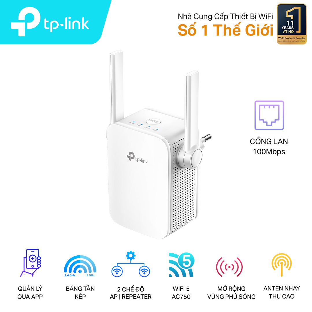 Bộ mở rộng sóng wifi TP-Link RE205 (Chuẩn N/ AC750Mbps/ 2 Ăng-ten ngoài/ 15 User)