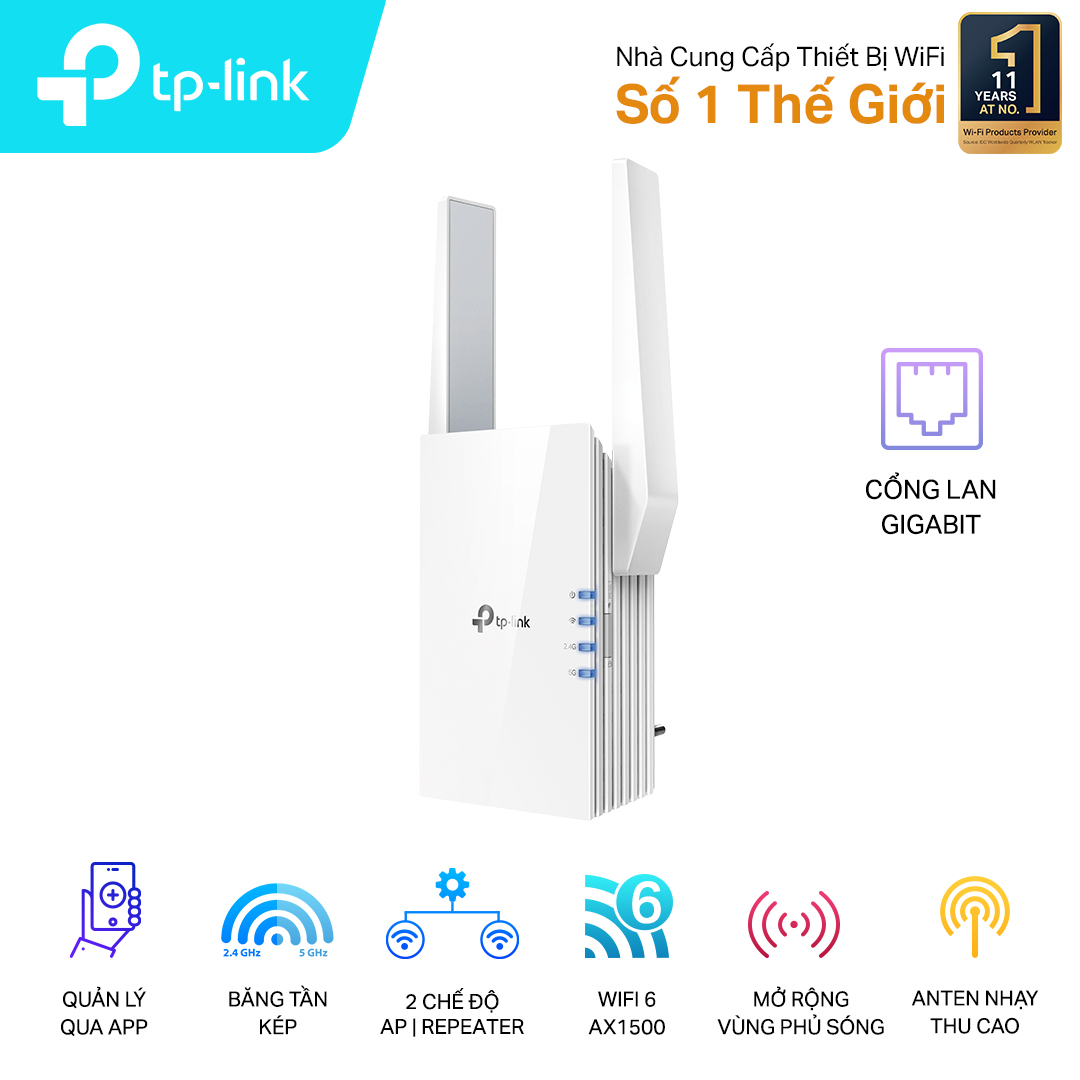 Bộ mở rộng sóng wifi TP-Link RE505X (Chuẩn AX/ AX1500Mbps/ 2 Ăng-ten ngoài/ Wifi Mesh/ 25 User)