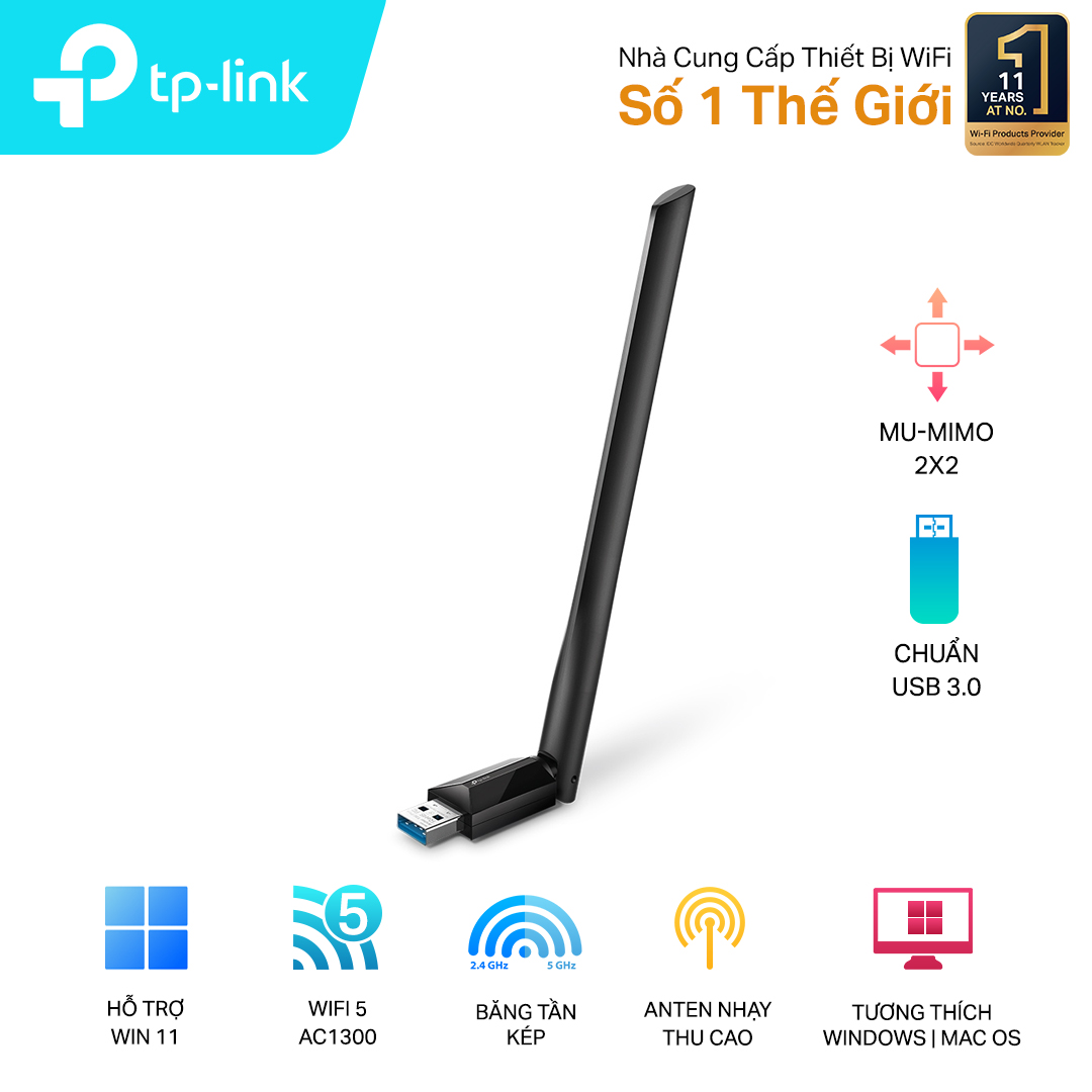 Cạc mạng không dây TP-Link USB Archer T3U Plus (Chuẩn AC/ AC1300Mbps/ Ăng-ten ngoài)