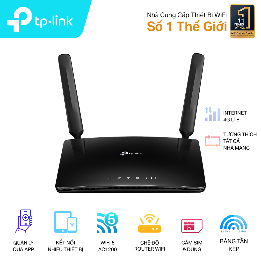 Bộ phát wifi 4G TP-Link Archer MR400 (AC1200Mbps/ Chuẩn AC/ 2 Ăng-ten ngoài/ Sim 4G/ 35 User)