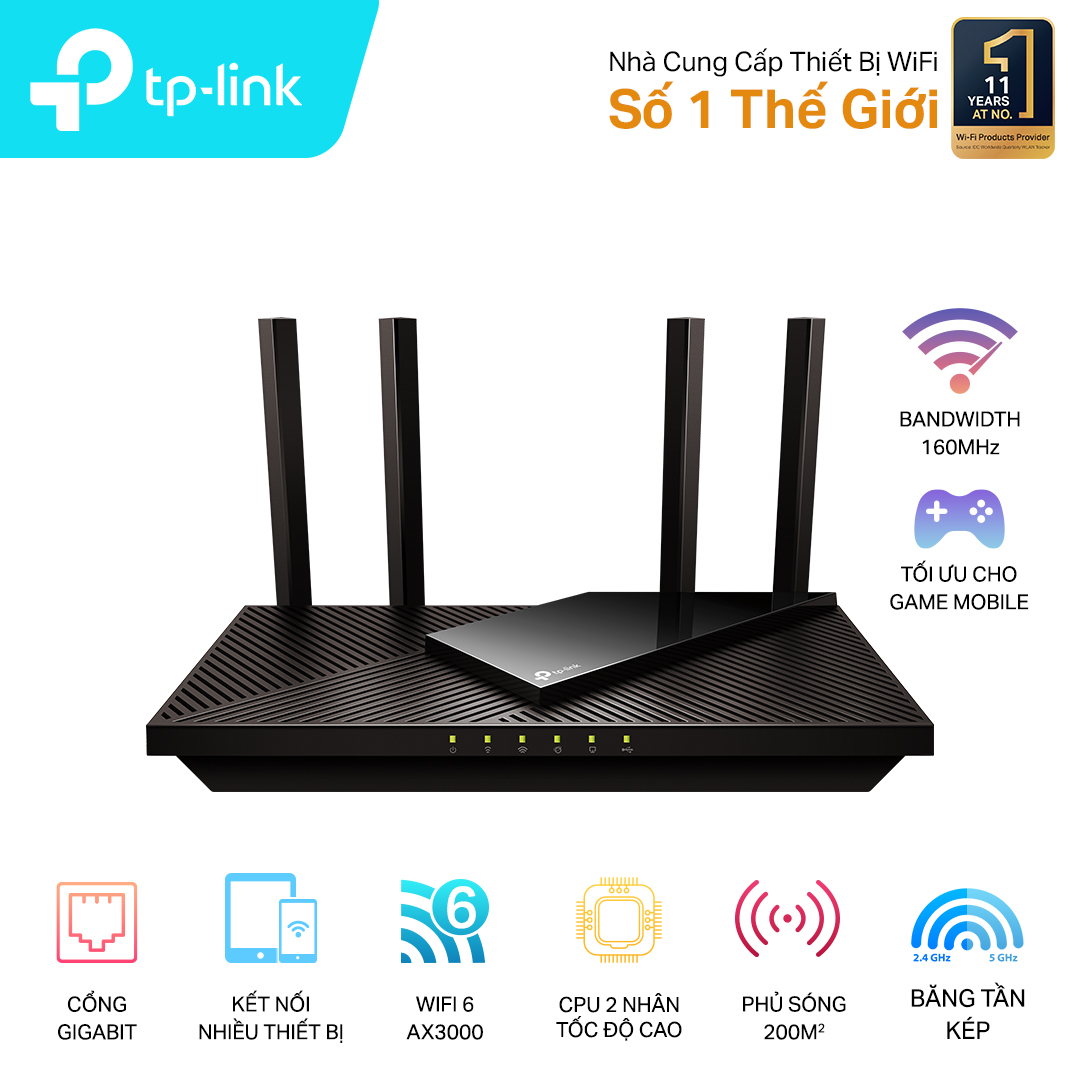 Bộ phát wifi 6 TP-Link Archer AX55 (Chuẩn AX/ AX3000Mbps/ 4 Ăng-ten ngoài/ Wifi Mesh/ 35 User)