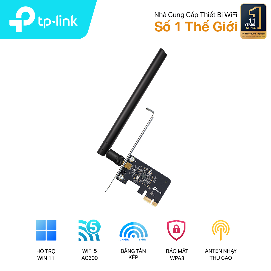 Cạc mạng không dây TP-Link PCI-E Archer T2E (Chuẩn AC/ AC600Mbps/ 1 Ăng-ten ngoài)