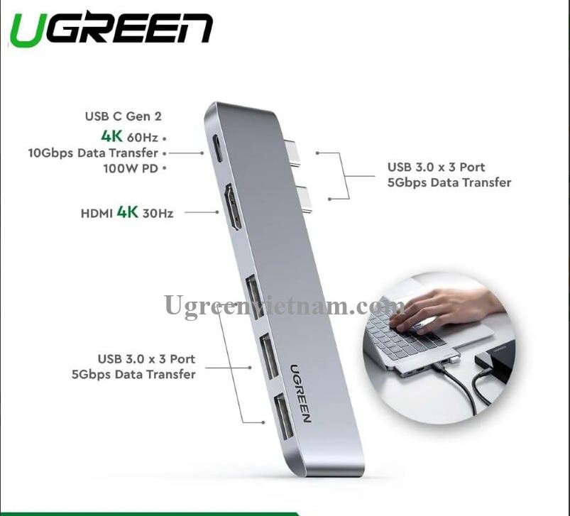 Cáp chuyển USB-C sang HDMI + Hub USB 3.0 + USB-C Ugreen 60559