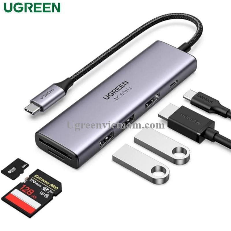 Thiết bị mở rộng Type-C 5 in 1 Sang HDMI 4K@60HZ + USB 3.0*2 + SD/TF + PD 100W Ugreen 60384 cao cấp