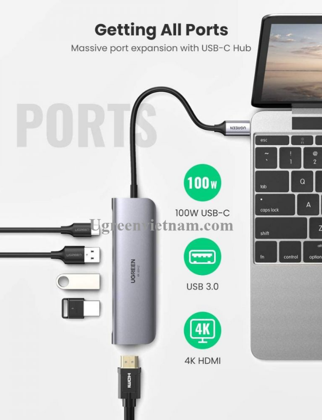 Thiết bị mở rộng 5 in 1 USB type-C sang HDMI 4K@60Hz/ Hub USB 3.0/ PD 100W Ugreen 70495 cao cấp