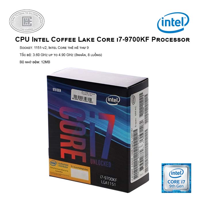 CPU Intel Core i7-9700KF (3.6GHz turbo up to 4.9GHz, 8 nhân 8 luồng, 12MB Cache, 95W) - LGA 1151 