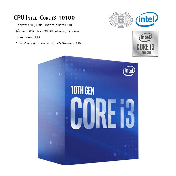 CPU Intel Core i3-10100 (3.6GHz turbo up to 4.3Ghz, 4 nhân 8 luồng, 6MB Cache, 65W) - Socket Intel LGA 1200