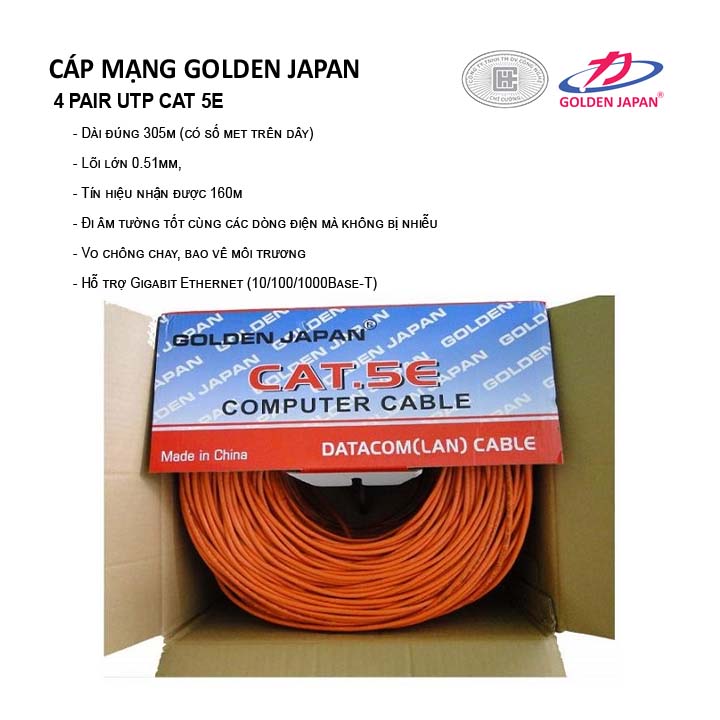 CÁP MẠNG GOLDEN JAPAN 4 PAIR UTP CAT 5E( Màu Cam,trắng)