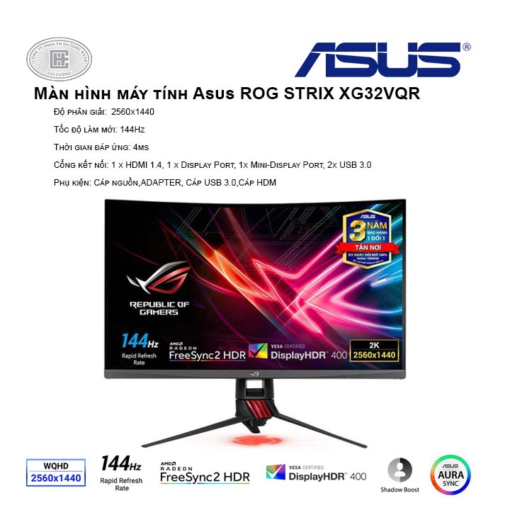 Màn hình Asus ROG STRIX XG32VQR (2K/VA/144Hz/4ms/FreeSync)