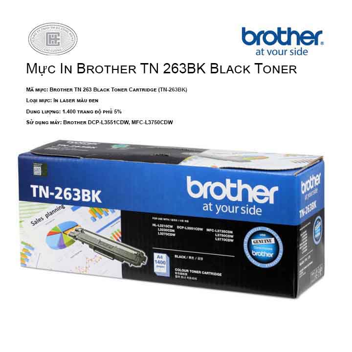Mực in Brother TN 263BK màu đen ( cho máy  HL-L3230CDN, MFC-L3770CDW, MFC-L3750CDW, DCP-L3551CDW, HL-L3270CDW )