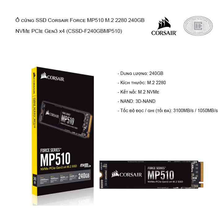 Ổ cứng SSD Corsair Force MP510 M.2 2280 240GB NVMe PCIe Gen3 x4 (CSSD-F240GBMP510)