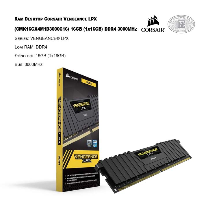 Ram Desktop Corsair Vengeance LPX (CMK16GX4M1D3000C16) 16GB (1x16GB) DDR4 3000MHz