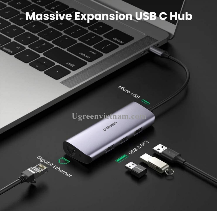 Bộ chia Type C 4 cổng USB 3.0 + Lan RJ45 Ugreen 60718