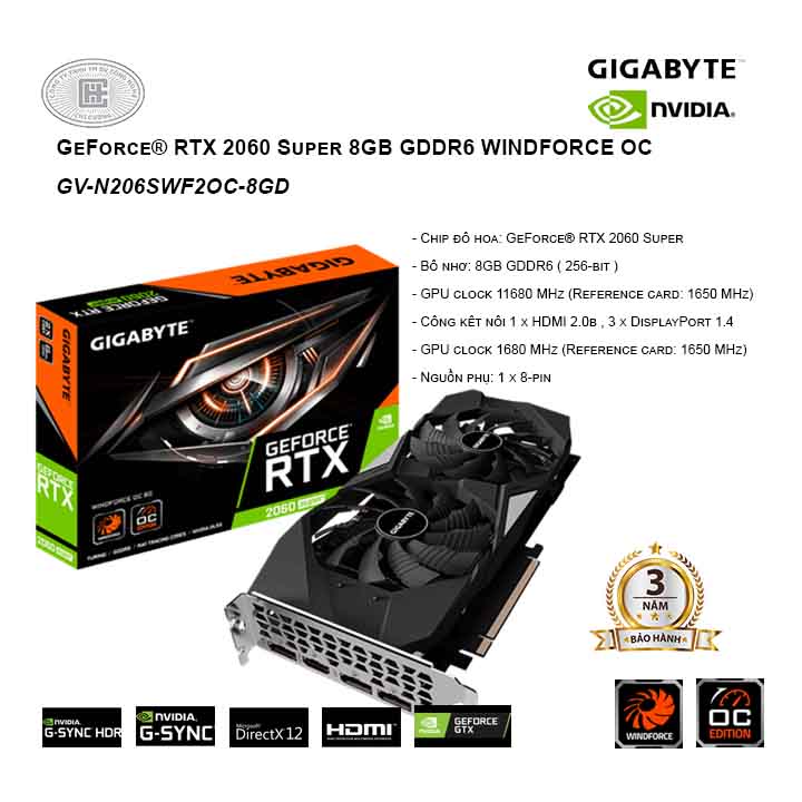 VGA GIGABYTE GeForce RTX 2060 Super 8GB GDDR6 WINDFORCE OC - N206SWF2OC-8GD 