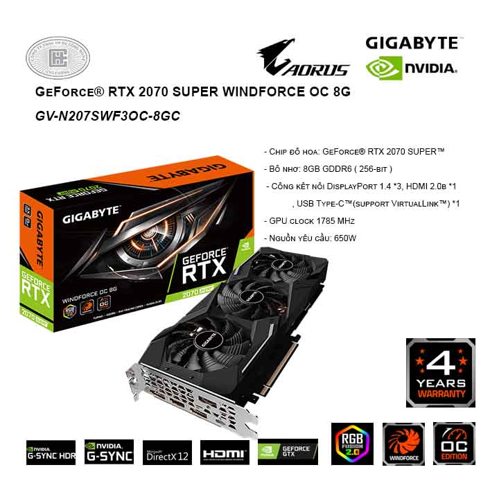 VGA GIGABYTE GeForce RTX 2070 SUPER WINDFORCE OC 8G - GV-N207SWF3OC-8GC