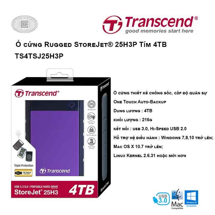 Ổ cứng Transcend Rugged StoreJet® 25H3P 4TB Tím USB 3.0 TS4TSJ25H3P