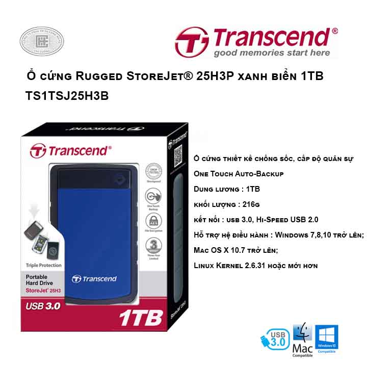 Ổ cứng Transcend Rugged StoreJet® 25H3B 1TB Xanh biển TS1TSJ25H3B