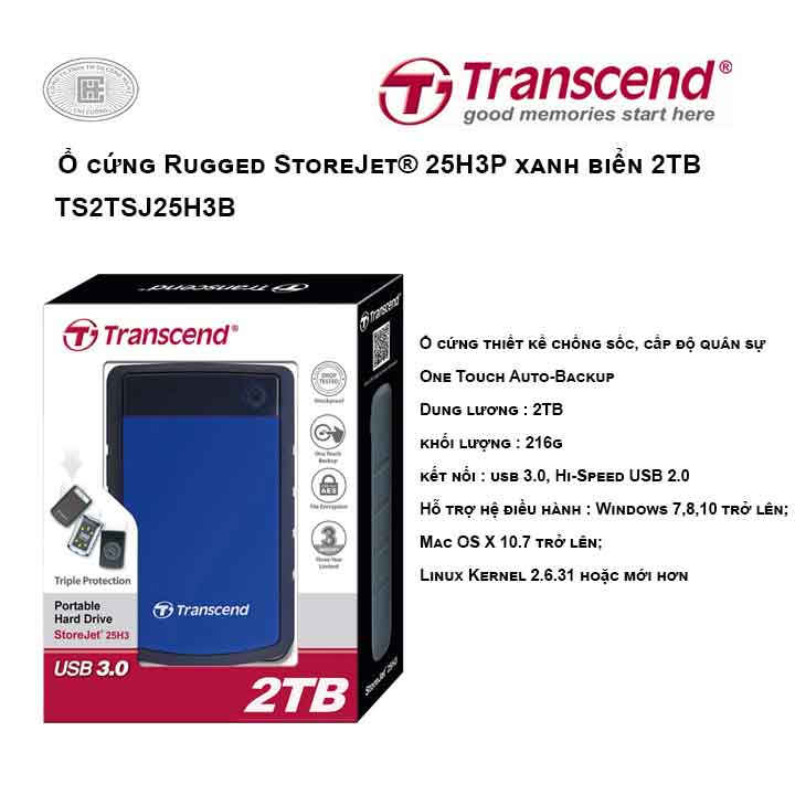 Ổ cứng Transcend Rugged StoreJet® 25H3B 2TB Xanh biển TS2TSJ25H3B