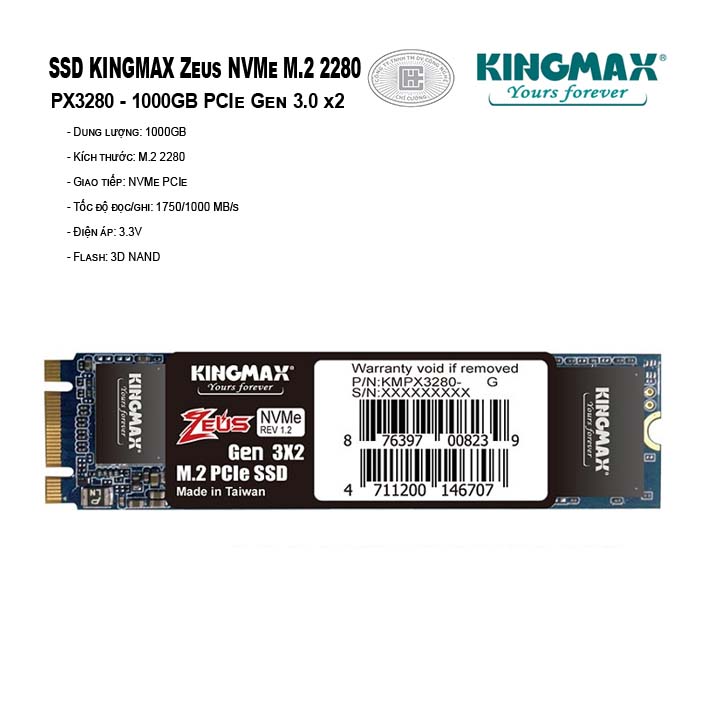 Ổ cứng SSD KINGMAX Zeus 1TB NVMe M.2 2280 PCIe Gen 3.0 x2 - PX3280 