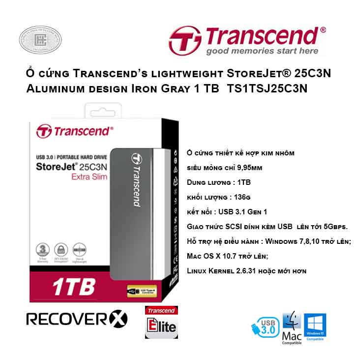 Ổ cứng Transcend’s lightweight StoreJet® 25C3N 1TB Aluminum design Iron Gray TS1TSJ25C3N