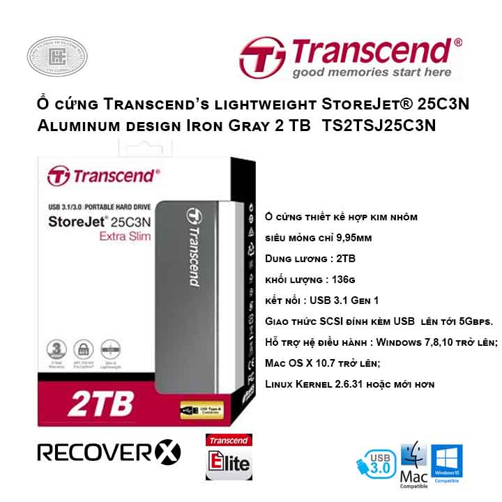 Ổ cứng Transcend’s lightweight StoreJet® 25C3N 2TB Aluminum design Iron Gray TS2TSJ25C3N