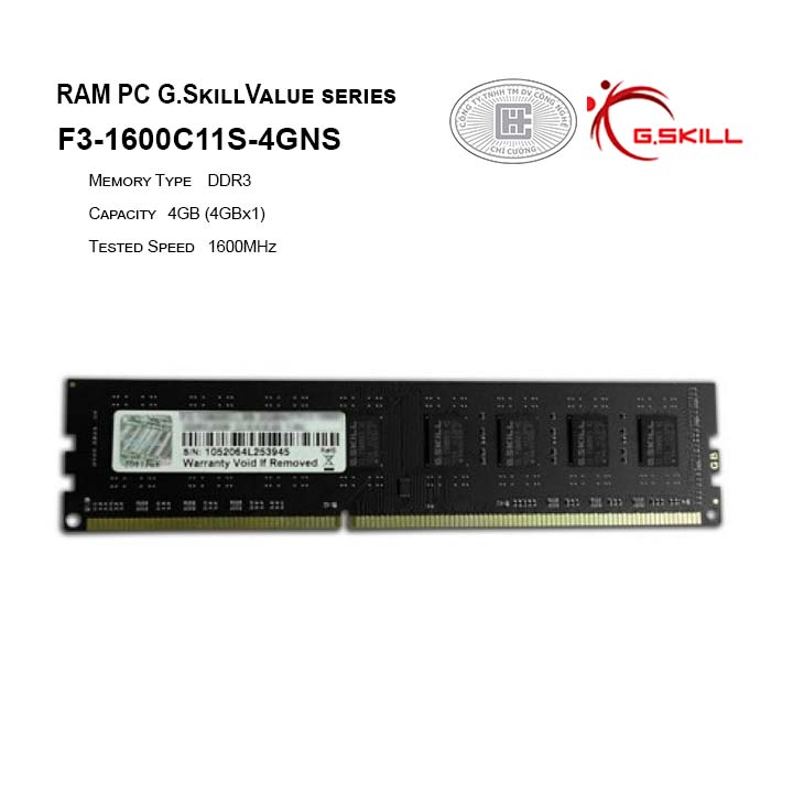 G.Skill 8GB DDR3 RAM 1600MHz CL11 - Arbeitsspeicher Single Module | F3-1600C11S-8GNT